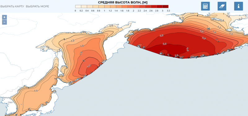 Интерфейс веб-атласа доступной волновой энергии морей России