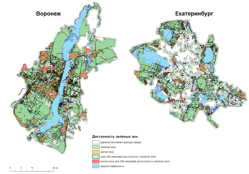 Карты доступности зеленых зон в Воронеже и Екатеринбурге
